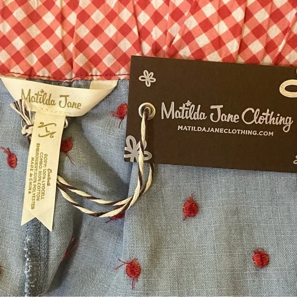 Matilda‎ Jane New Large Shorts Cameron Blue Chambray with Red Polka Dots Dobby